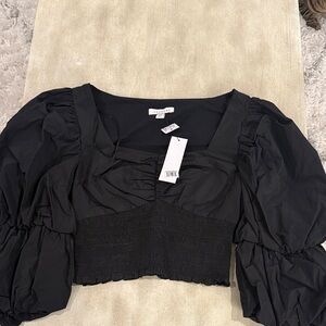 Topshop Black Ruched Blouse with Puff Sleeves